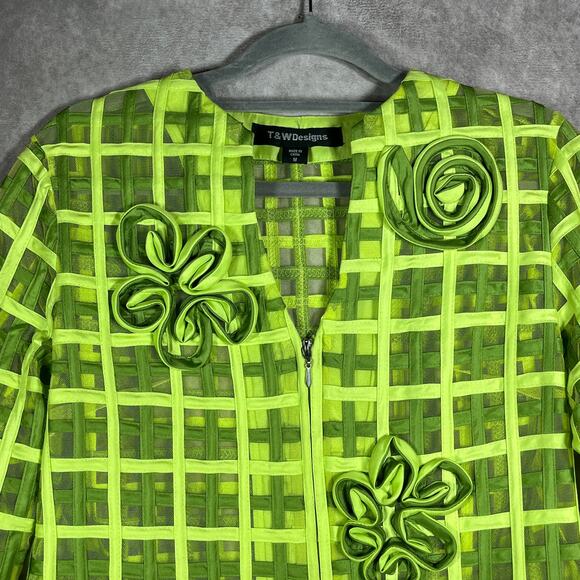 T&W Designs Blazer Jacket Womens M‎ Green Semi Sheer Floral Applique Art To Wear - Picture 2 of 9